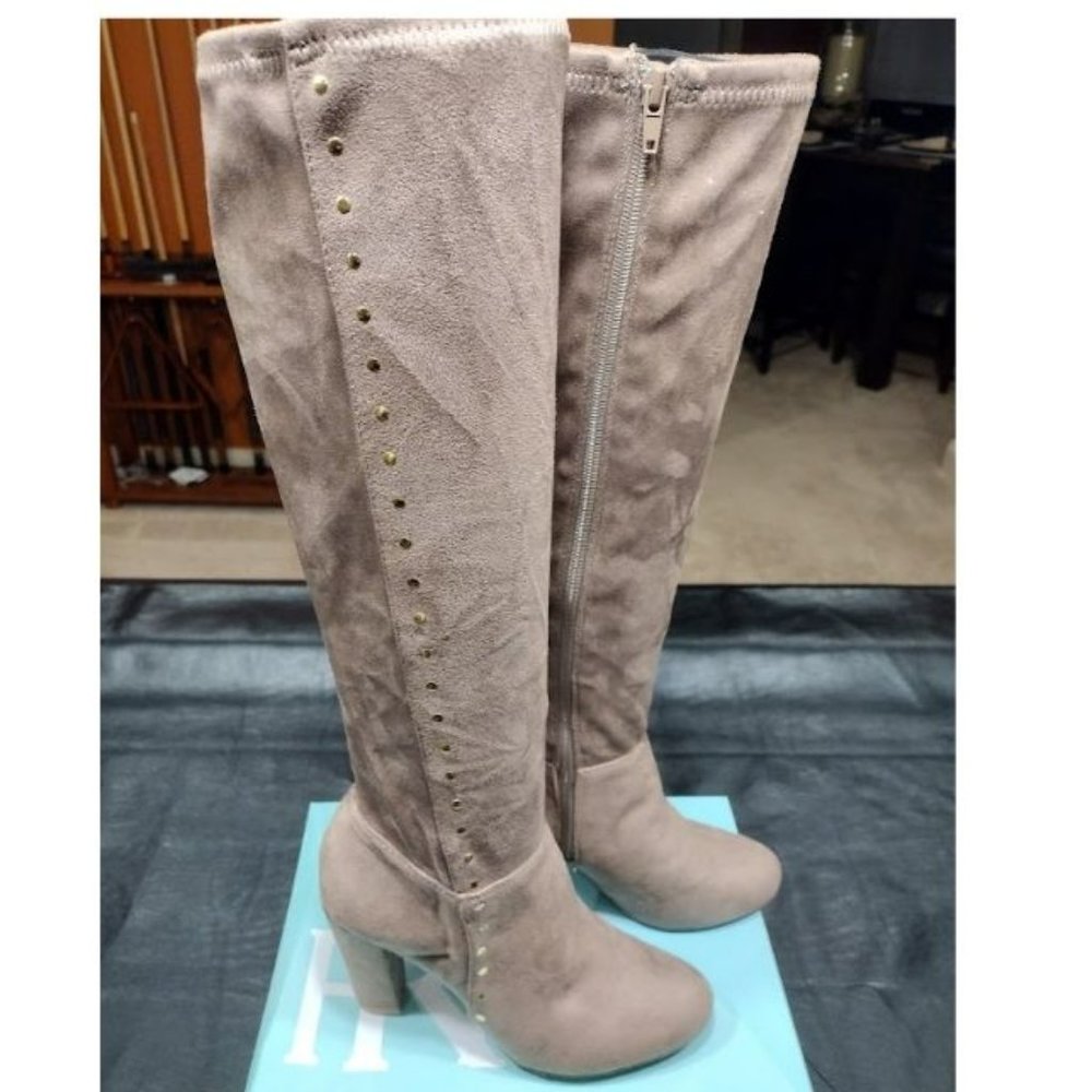 TAUPE SUEDE STUDDED KNEE HIGH BOOTS